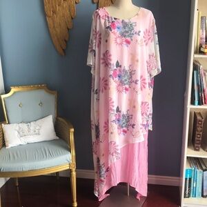 Pink & white floral layered short sleeves asymmetric summer maxi dress size 4XL